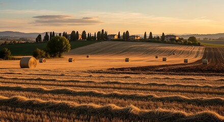 A rural landscape at sunset. Wheat fields roll gently to the horizon, dotted with hay bales and overlooked by a distant village. The sky is golden