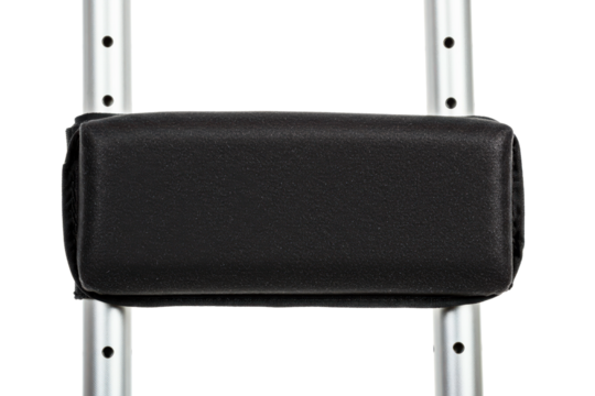 Black padded underarm rest on mobility walker support frame on a transparent background