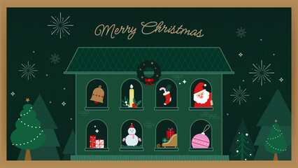 Cute Christmas illustration featuring a festive house filled with holiday icons such as Santa, gifts, wreath, candle, stocking, sleigh, and snowman. Green background with trees and sparkling stars.