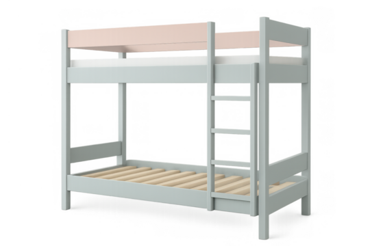 Pastel colored modern wooden bunk bed with ladder, furnishing a cozy bedroom or children's room, isolated on transparent background