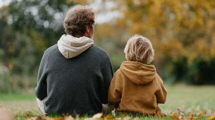 Father and son bonding in autumn park with falling leaves