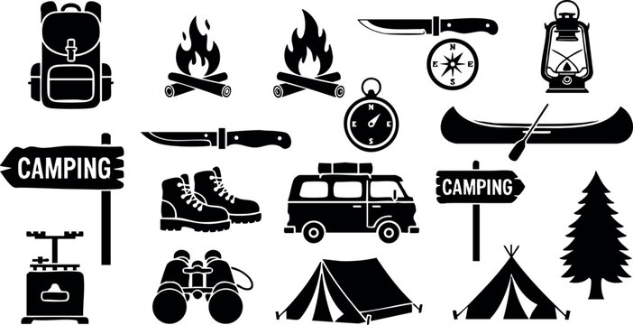 Camping outdoor adventure icons set with tent fire knife compass backpack canoe boots binoculars and van vector illustration