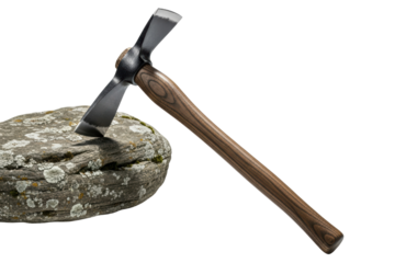 Forged steel axe with wooden handle on lichen-covered stone on a transparent background