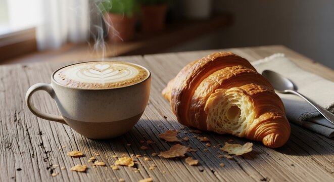 A perfect start to the day with a steaming cup of cappuccino and a freshly baked, flaky croissant on a rustic table