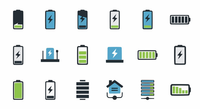Diverse Battery Icons Charging and Power Concepts for Digital Devices and Energy Efficiency