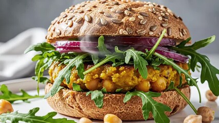 Delicious chickpea burger with fresh arugula, red onion, and a seeded bun, served on a white plate, showcasing a healthy and vibrant vegan meal animated 4k video