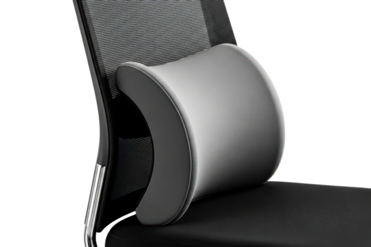 Orthopedic back pillow on a generic unbranded ergonomic office chair on a transparent background