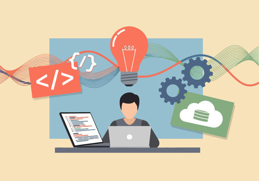 Flat vector illustration of a programmer working on software development, surrounded by IT conceptual icons.