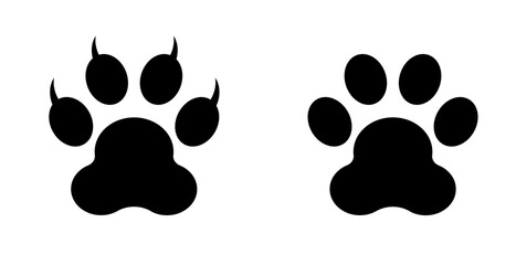 Fototapeta premium Black animal paw print icons showing clawed and clawless variations in a simple vector silhouette design, isolated on a white background, suitable for pet care, wildlife themes and animal tracking.