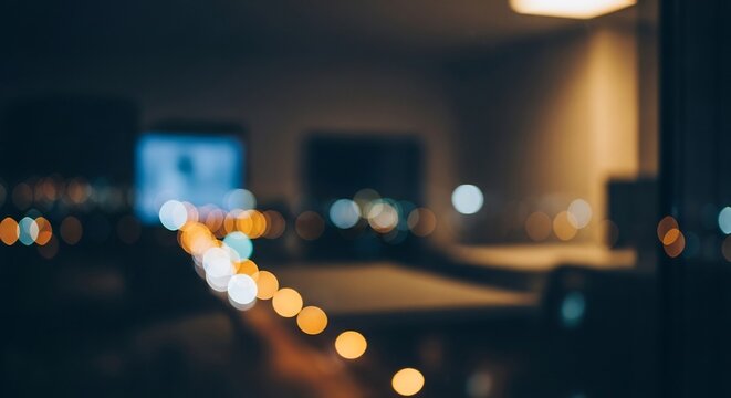 Defocused urban city lights creating a beautiful bokeh effect, viewed from a dark room with a glowing screen in the background at night