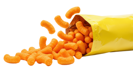 Bright yellow bag spills crunchy orange cheese puffs with vivid textures and powder, frozen mid-air on a transparent studio background with copy space, energetic snack advertisement