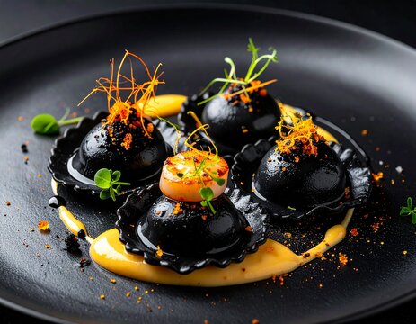 Ravioli neri al nero di seppia con ripieno di capesante.