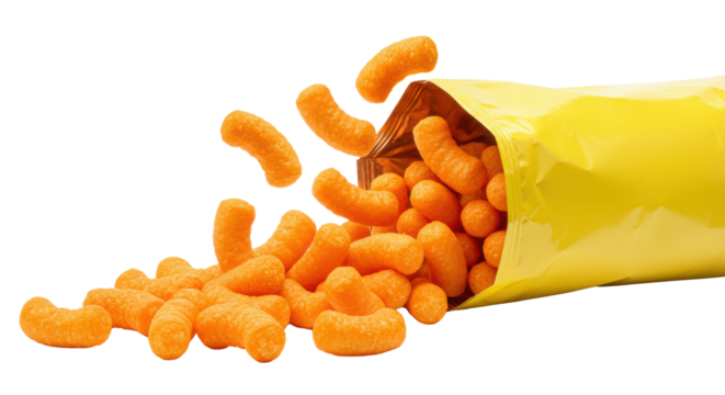 Bright yellow bag spills crunchy orange cheese puffs with vivid textures and powder, frozen mid-air on a transparent studio background with copy space, energetic snack advertisement
