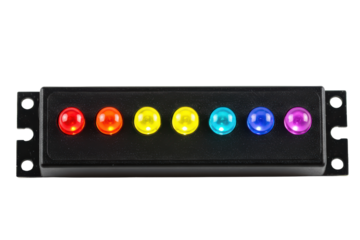 Rack mount panel with a row of seven colored status lights on a transparent background