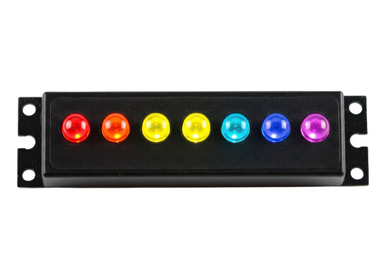 Rack mount panel with a row of seven colored status lights on a transparent background