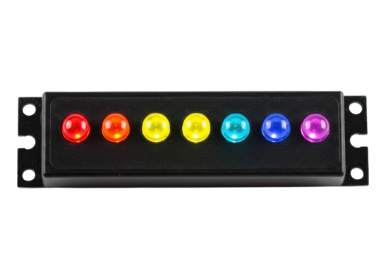 Rack mount panel with a row of seven colored status lights on a transparent background