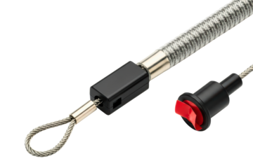 Coiled steel security cable for laptop protection against theft on a transparent background