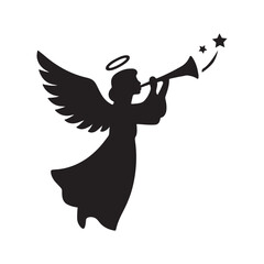 Angel blowing a trumpet with wide wings, halo, and stars silhouette vector icon on white background