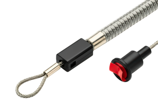 Coiled steel security cable for laptop protection against theft on a transparent background