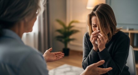 A compassionate psychotherapist offers support to a crying young woman struggling with mental health issues during a consultation