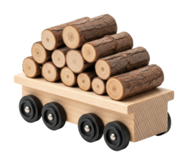 Wooden toy train carrying logs playroom educational content isolated on transparent background