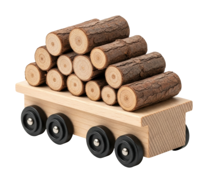 Wooden toy train carrying logs playroom educational content isolated on transparent background