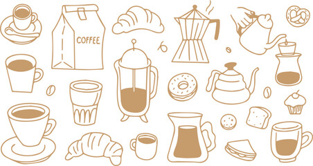 Fototapeta premium Whimsical breakfast doodles. Vintage hand drawn icons with la dole vita aesthetic in simple crayon and sketch style. Trendy art for menus and dinner brunch invitations. Outline vector illustration st