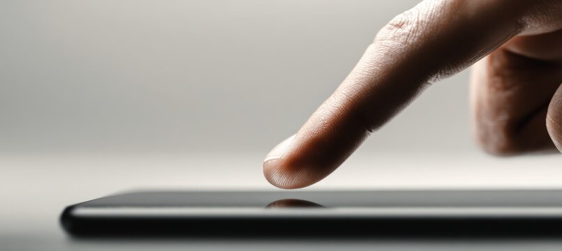 Minimalist Macro of Finger Hovering Over Smartphone on Neutral Background