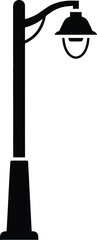 Fototapeta premium A simple black silhouette of a classic street lamp post with a curved arm and a bell shaped lantern against a plain white background