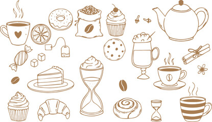 Whimsical breakfast doodles. Vintage hand drawn icons with la dole vita aesthetic in simple crayon and sketch style. Trendy art for menus and dinner brunch invitations. Outline vector illustration st