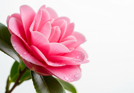 Delicate pink camellia blossom with dew drops conveying beauty and fresh floral scent