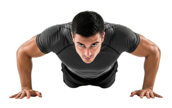 Intense push-up workout demonstration gym fitness isolated on transparent background - Powered by Adobe
