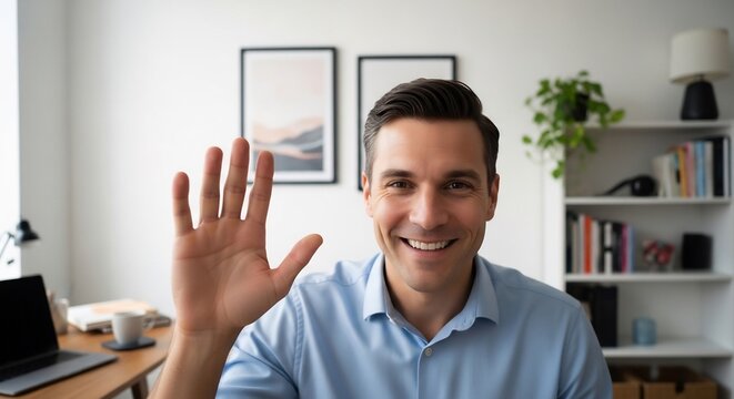 Friendly man waving hello during a video conference call from his modern home office, smiling at the camera