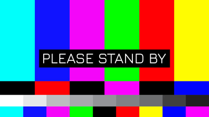 Retro test pattern with bold colorful stripes and 'Please Stand By' message conveys a sense of anticipation and old broadcast technology nostalgia