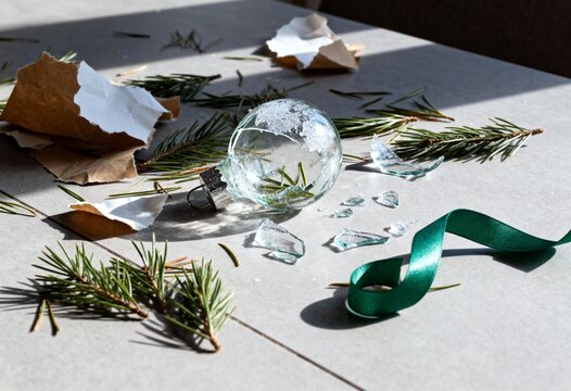 Broken clear glass Christmas ornament shattered on a grey tiled floor. Aftermath of holiday celebration with pine needles and torn paper. End of Christmas concept