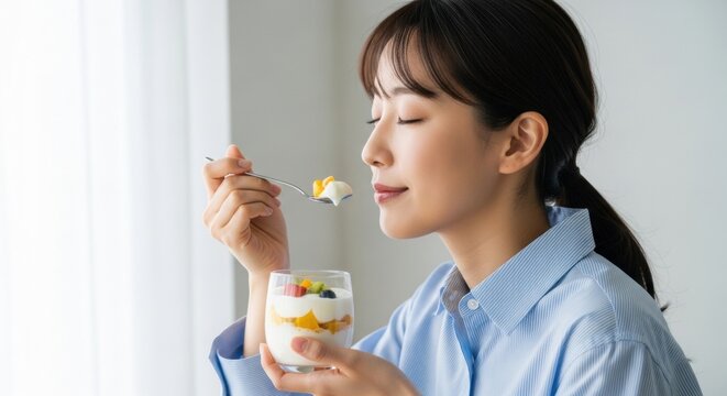 A serene young woman with her eyes closed enjoys a healthy breakfast of fresh fruit and yogurt parfait in a glass, savoring a spoonful in the gentle morning light