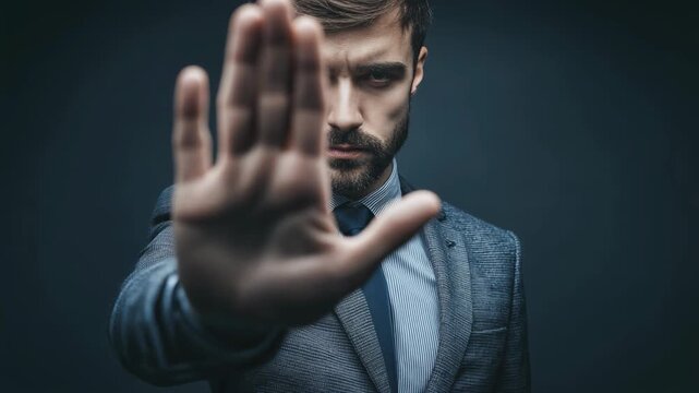 Confident businessman showing stop gesture in dramatic lighting for corporate and motivational themes