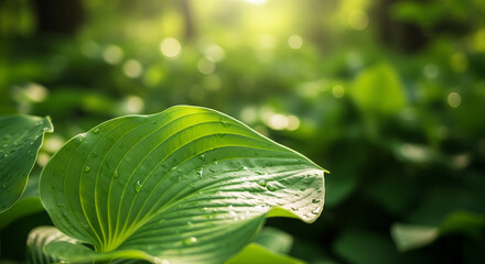 Lush green leaf glistening with dew drops in the morning sunlight, nature's beauty