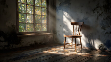 Minimal room with single chair by window bathed in soft natural light evoking mindfulness 
