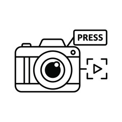Simple black and white line icon representing a camera with a press button and record symbol, isolated on