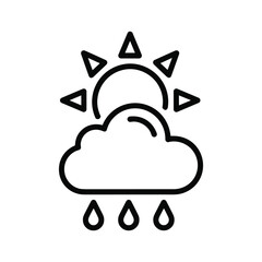 Simple black line icon representing a weather condition with sun, cloud, and rain drops, isolated on