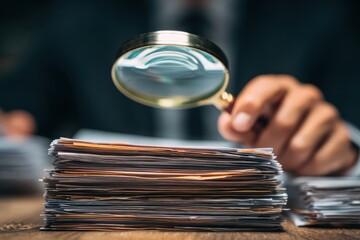 Scrutiny of Paperwork with Magnifying Glass at Desk
