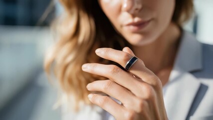 A stylish woman showcases a smart ring, blending advanced technology with elegant jewelry. The image emphasizes innovation, connectivity, and the fusion of tech with personal style
