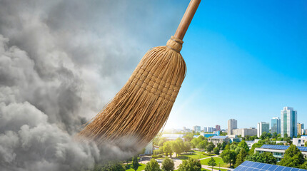 Giant Broom Sweeping Pollution and Smog from Clean Green City