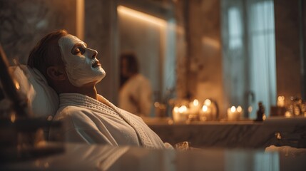 Luxurious Spa Interior with Client Enjoying Facial Mask in Candlelit Ambiance