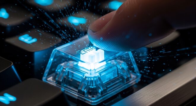 Finger pressing a transparent, illuminated blue key on a high-tech mechanical keyboard, symbolizing digital interaction and speed
