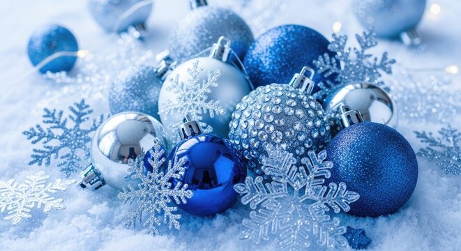 Blue and silver Christmas ornaments with snowflakes in snow - Powered by Adobe
