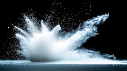 A dynamic explosion of fine white powder and particles erupting outwards against a stark black background, with a reflective surface below and dramatic, high-co