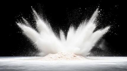 A dynamic explosion of fine white powder erupting upwards and outwards from a pile on a flat surface, against a stark black background. The particles are frozen
