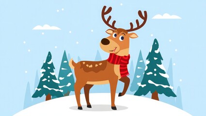 Naklejka premium Cartoon reindeer wearing red scarf in snowy forest